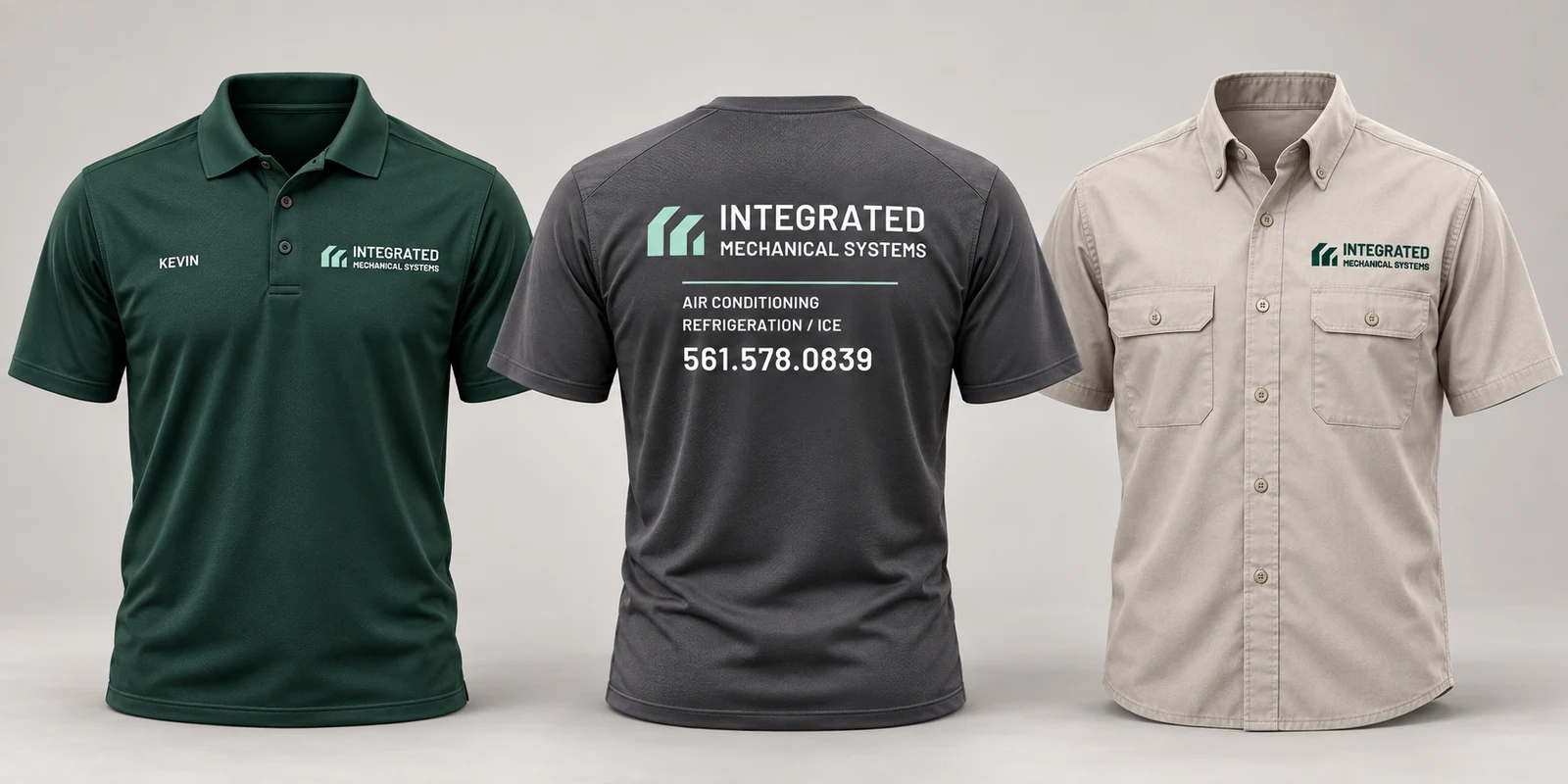 Uniform concept: forest polo with full-name chest logo, charcoal back-print T-shirt, and light stone work shirt